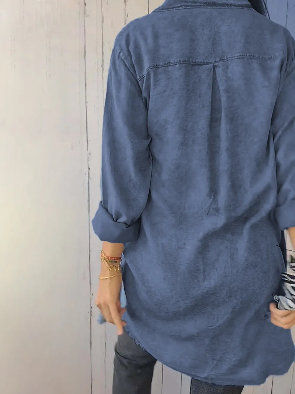 Plus Size Raw Hem Button Up Long Sleeve Denim Top