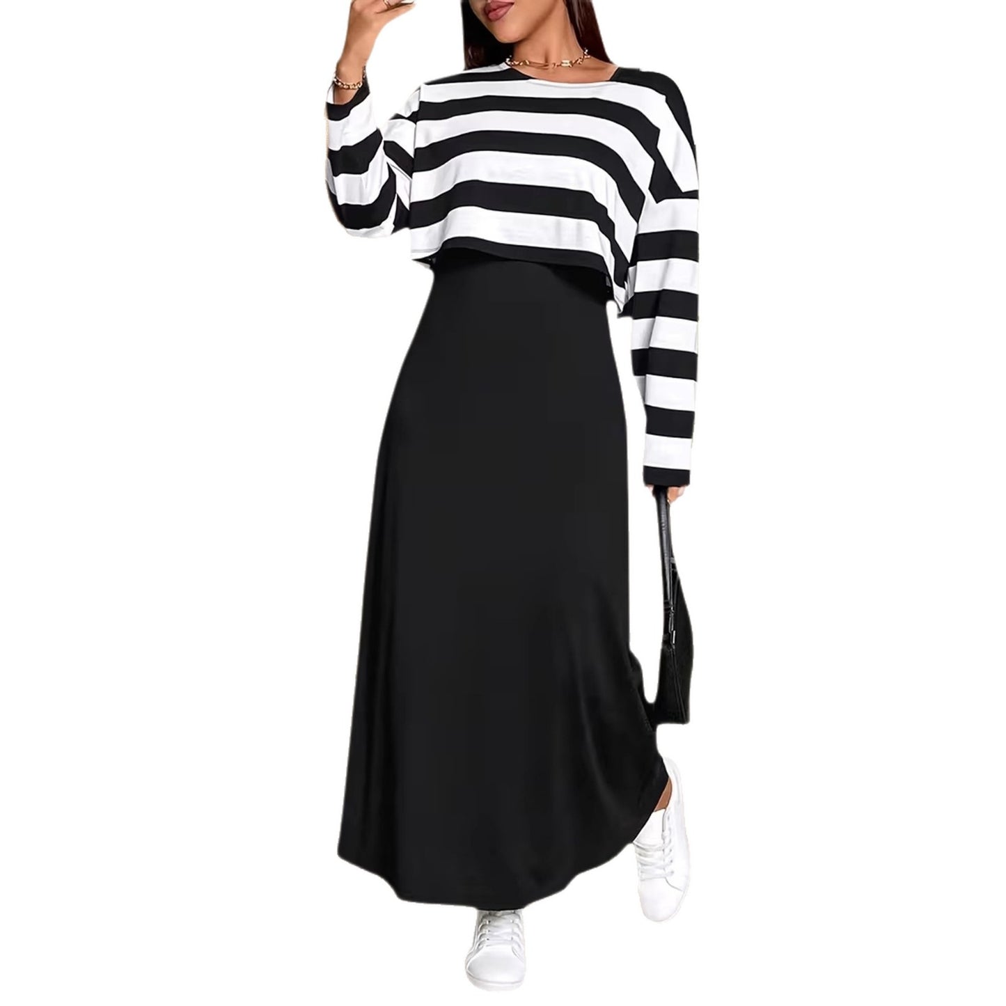 Plus Size Elegant Long Dress Set Striped
