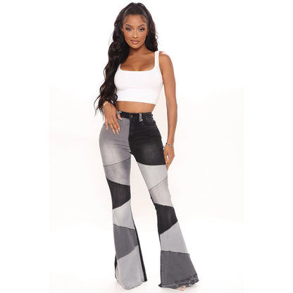 Plus Size High Waist Wide Leg Patchwork Denim Jeans — front view