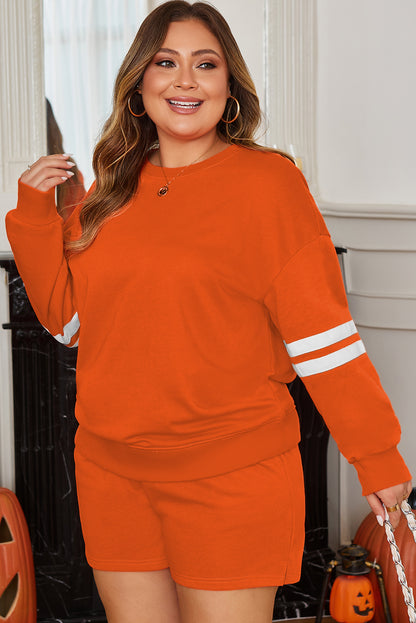 Plus Size Varsity Striped Drop Shoulder Pullover Short Set - Plus Size XL-4XL - View 3