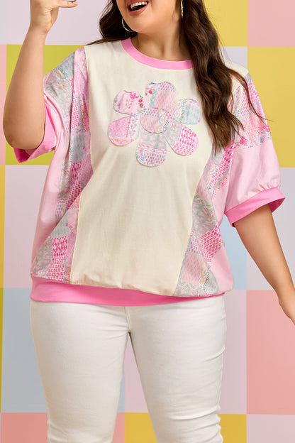 Plus Size Floral Patchwork Embroidery T Shirt - Plus Size Clothing