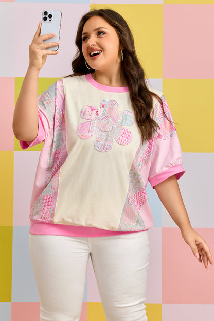Plus Size Floral Patchwork Embroidery T Shirt - Plus Size Clothing