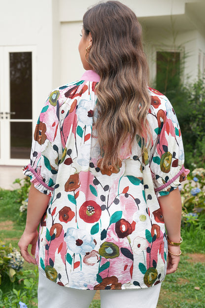 Plus Size V-Neck Puff Sleeve Floral Blouse