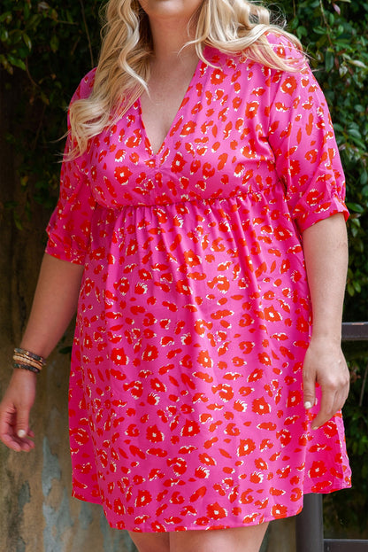 Plus Size 3/4 Sleeve V-Neck Leopard Babydoll Dress