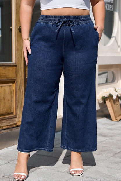 Plus Size Drawstring High Waist Wide Leg Jeans — front view