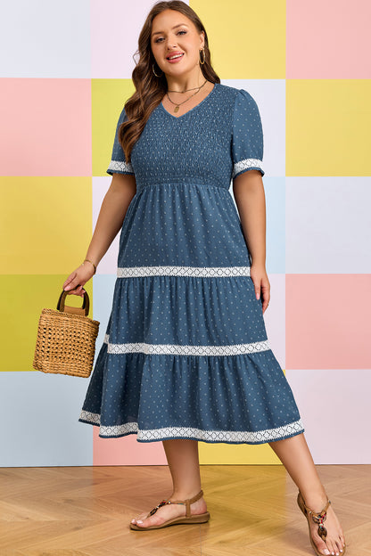 Plus Size V Neck Swiss Dot Lace Midi Dress - Plus Size XL-4XL - View 5