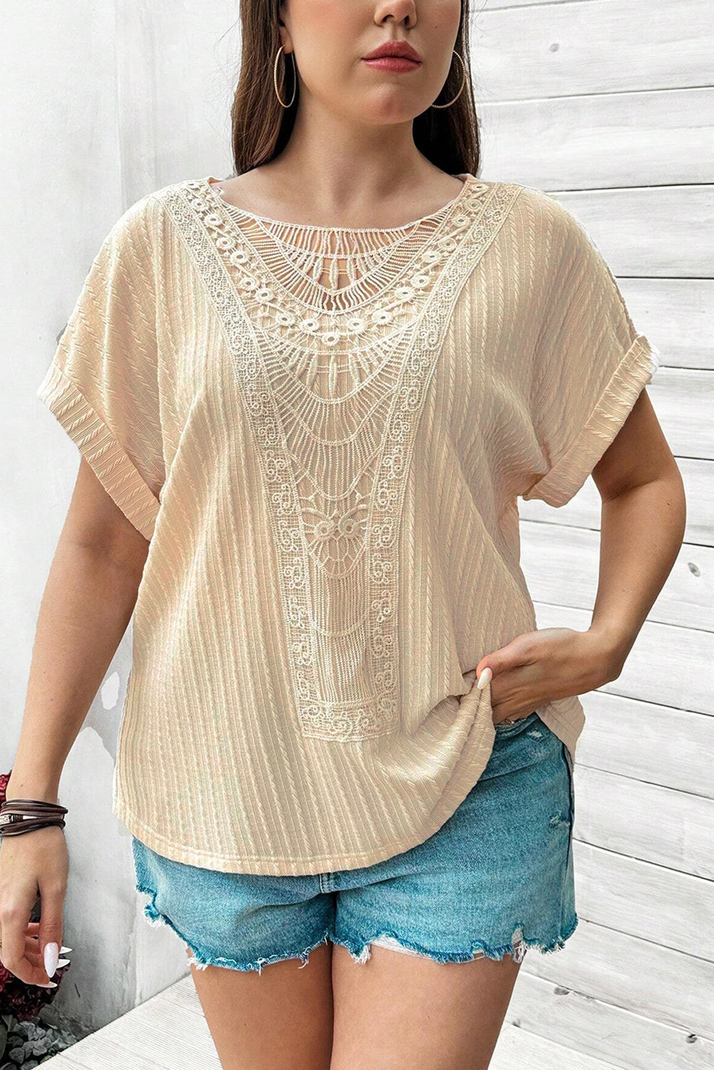 Plus Size Lace Crochet Cable Knit Cuffed Sleeve Top - Plus Size XL-4XL - View 3
