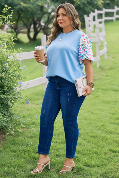 Plus Size Textured Bodice Floral Puff Sleeve Top - Plus Size Clothing