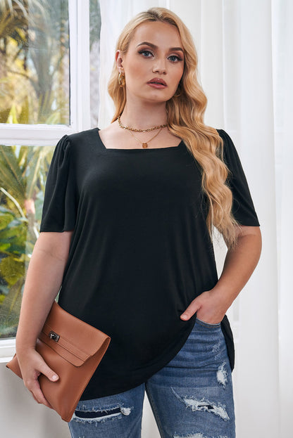 Plus Size Square Neck Ruched Shoulder Short Sleeve Top - Plus Size XL-4XL - View 8