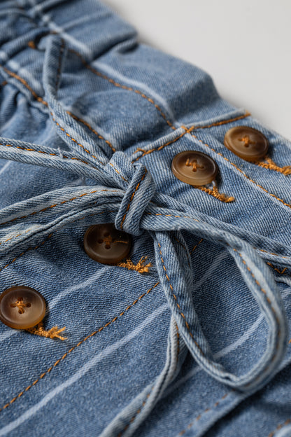 Plus Size Striped Buttoned Wide Leg Denim Pants