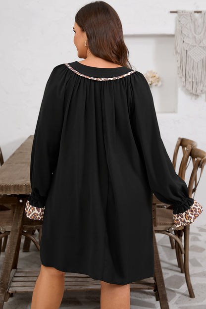 Plus Size Notched Neck Leopard Trim Flounce Dress - Plus Size XL-4XL - View 2