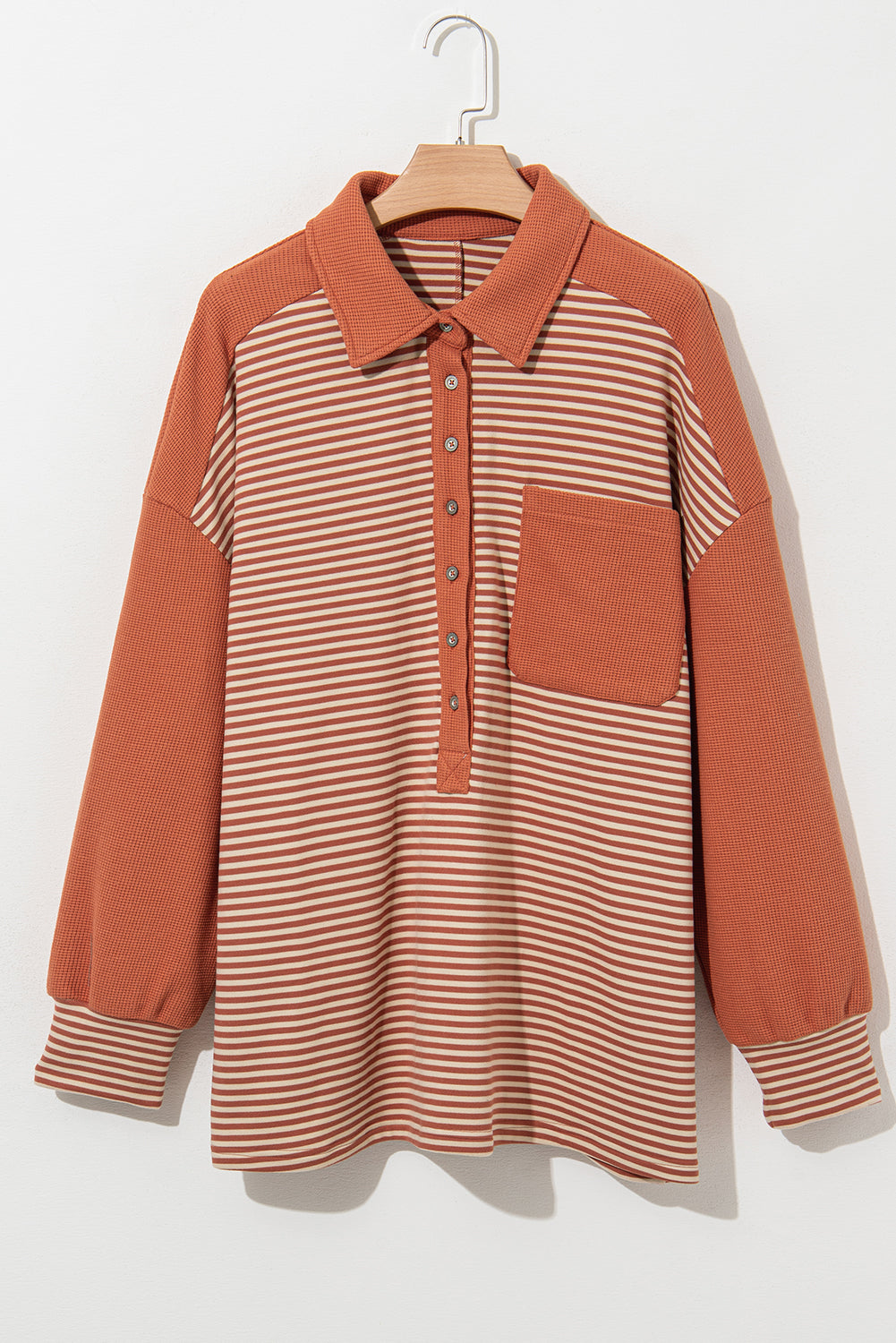 Plus Size Striped Textured Patched Drop Shoulder Buttoned Sweatshirt - Plus Size XL-4XL - View 8