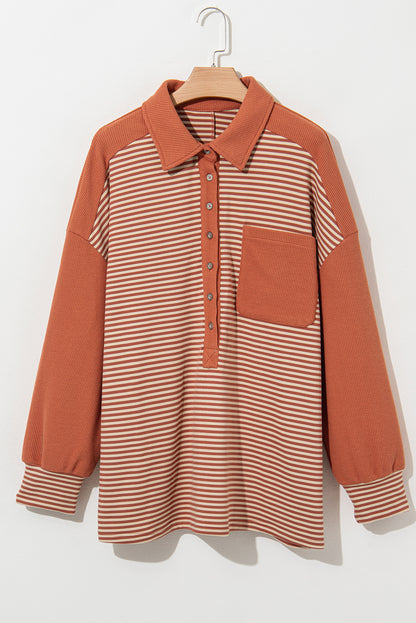 Plus Size Striped Textured Patched Drop Shoulder Buttoned Sweatshirt - Plus Size XL-4XL - View 8