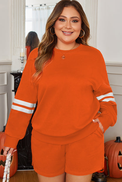 Plus Size Varsity Striped Drop Shoulder Pullover Short Set - Plus Size XL-4XL - View 1