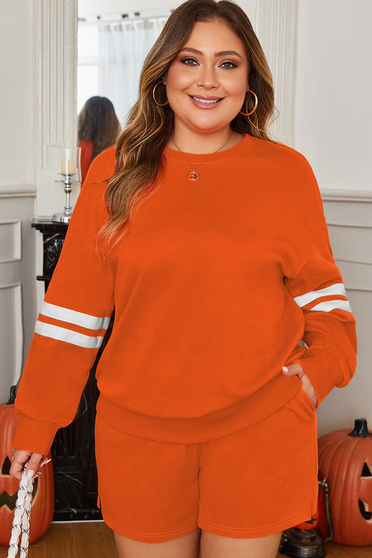 Plus Size Varsity Striped Drop Shoulder Pullover Short Set - Plus Size XL-4XL - View 1