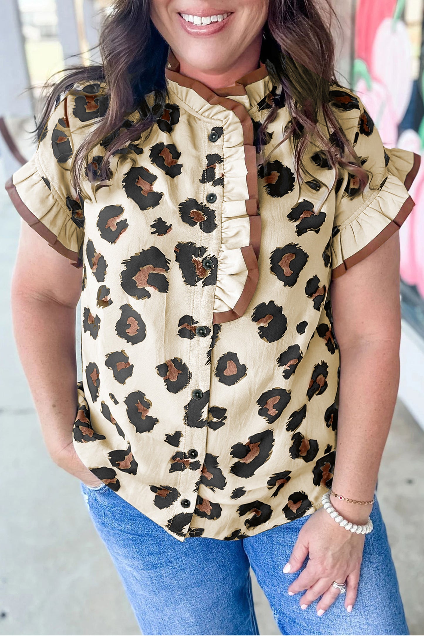 Plus Size Leopard Print Color Block Frilled Blouse