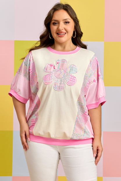 Plus Size Floral Patchwork Embroidery T Shirt - Plus Size Clothing
