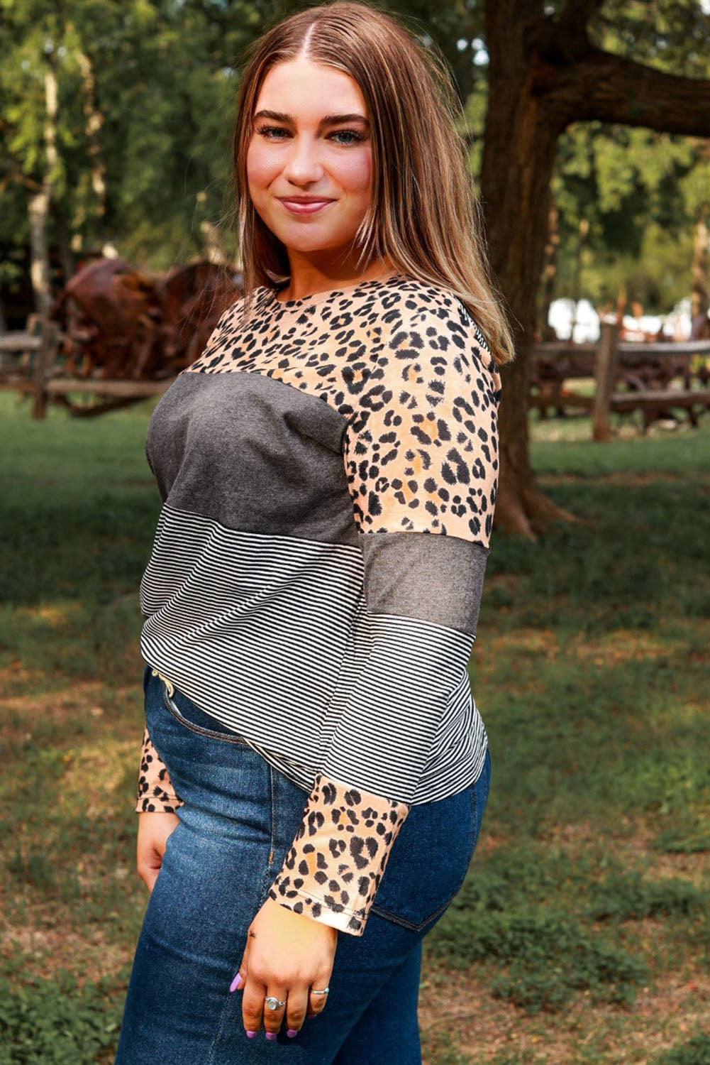 Plus Size Leopard Patchwork Long Sleeve Tee