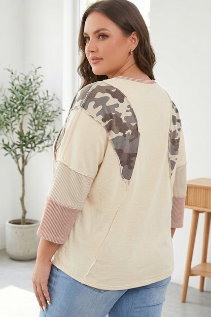 Plus Size Camo Panel Twist Rib Sleeve Blouse - Plus Size XL-4XL - View 2
