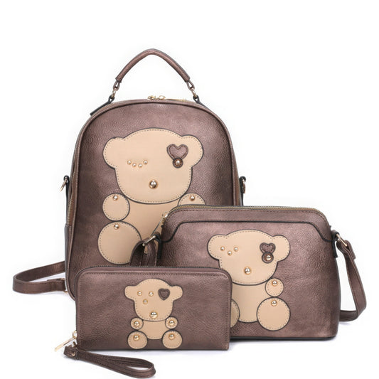 3in1 Cute Bear Design Handle Backpack W Crossbody And Wallet Set - Plus Size Clothing