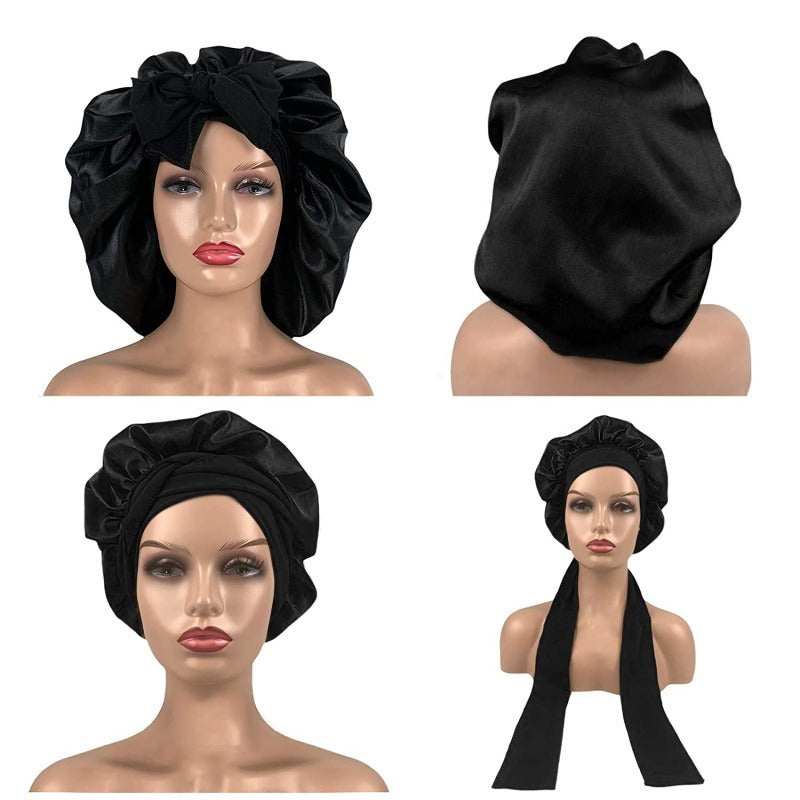 Laced Sleeping Cap Simulation Silk Home Hat Moon Cap Long Hair Care Silk Sleeping Cap Maternity Cap - Plus Size Clothing