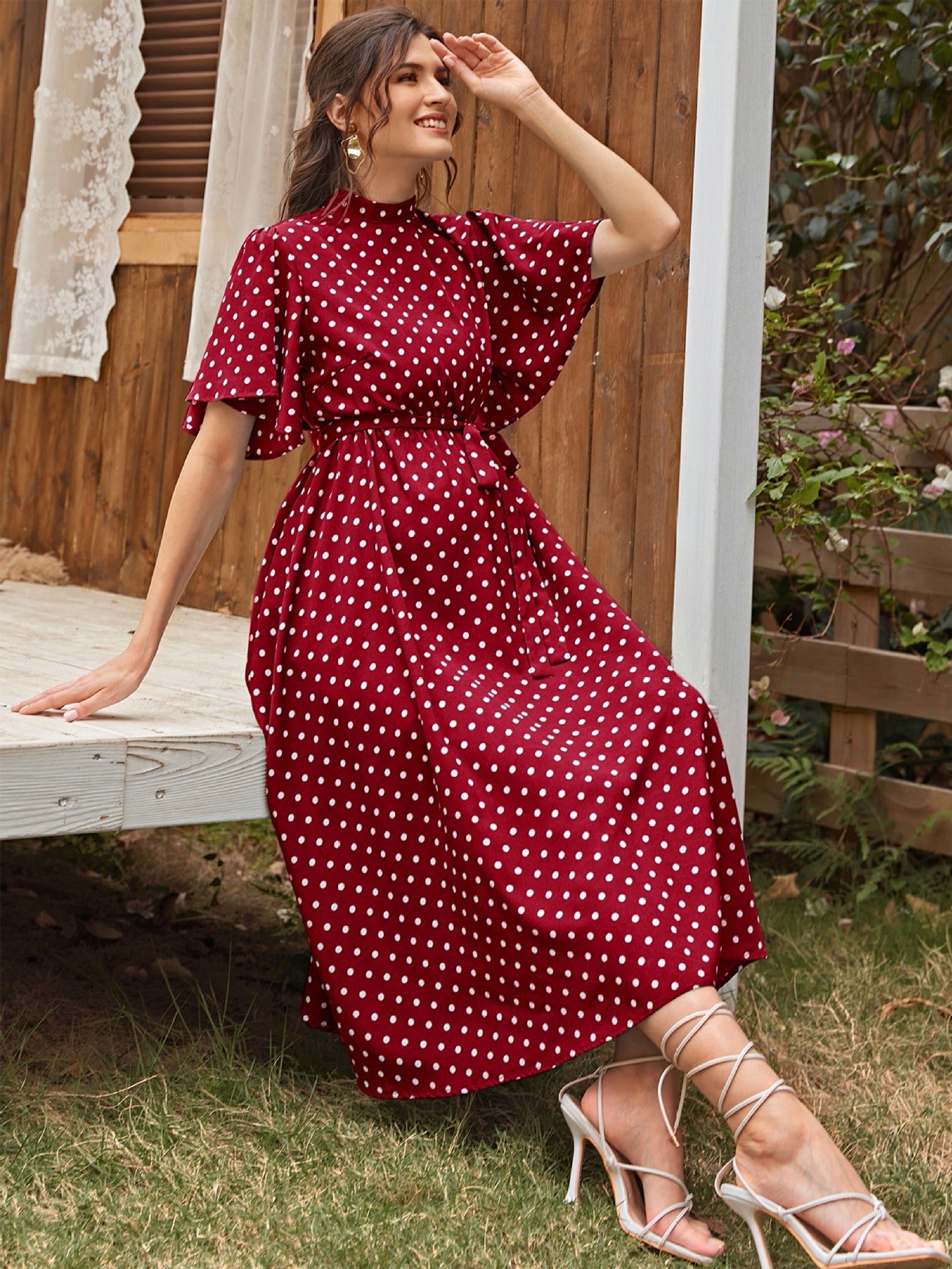 Fashionable and comfortable short sleeved polka dot chiffon maternity dress with straps - Plus Size Clothing