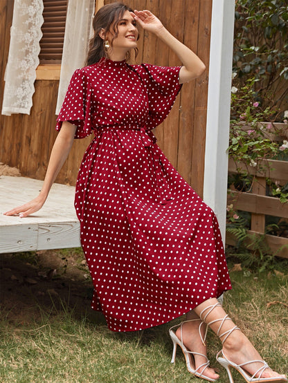 Fashionable and comfortable short sleeved polka dot chiffon maternity dress with straps - Plus Size Clothing
