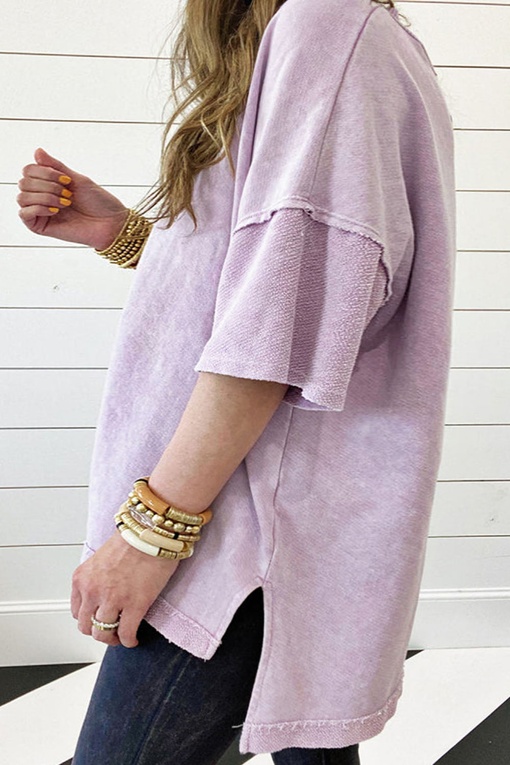 Plus Size Mineral Wash Drop Sleeve Patchwork Tee