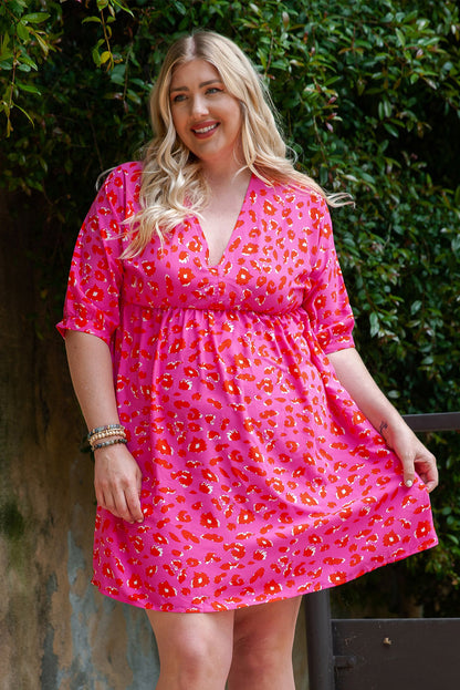 Plus Size 3/4 Sleeve V-Neck Leopard Babydoll Dress