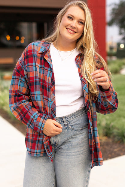 Plus Size Red Plaid Print Buttoned Shirt - Plus Size XL-4XL - View 6