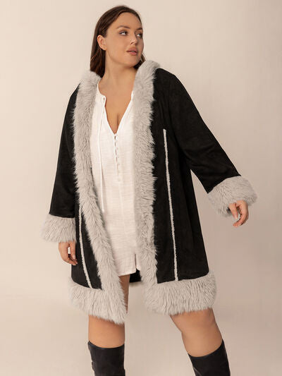 Plus Size Fuzzy Trim Open Front Hooded Coat - Plus Size XL-4XL - View 8