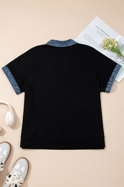 Plus Size Textured Contrast Denim Patchwork Polo Tee - Plus Size Clothing