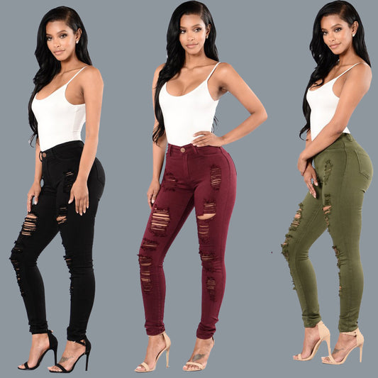 Plus Size Slim Fit Ripped Knee Denim Pencil Pants