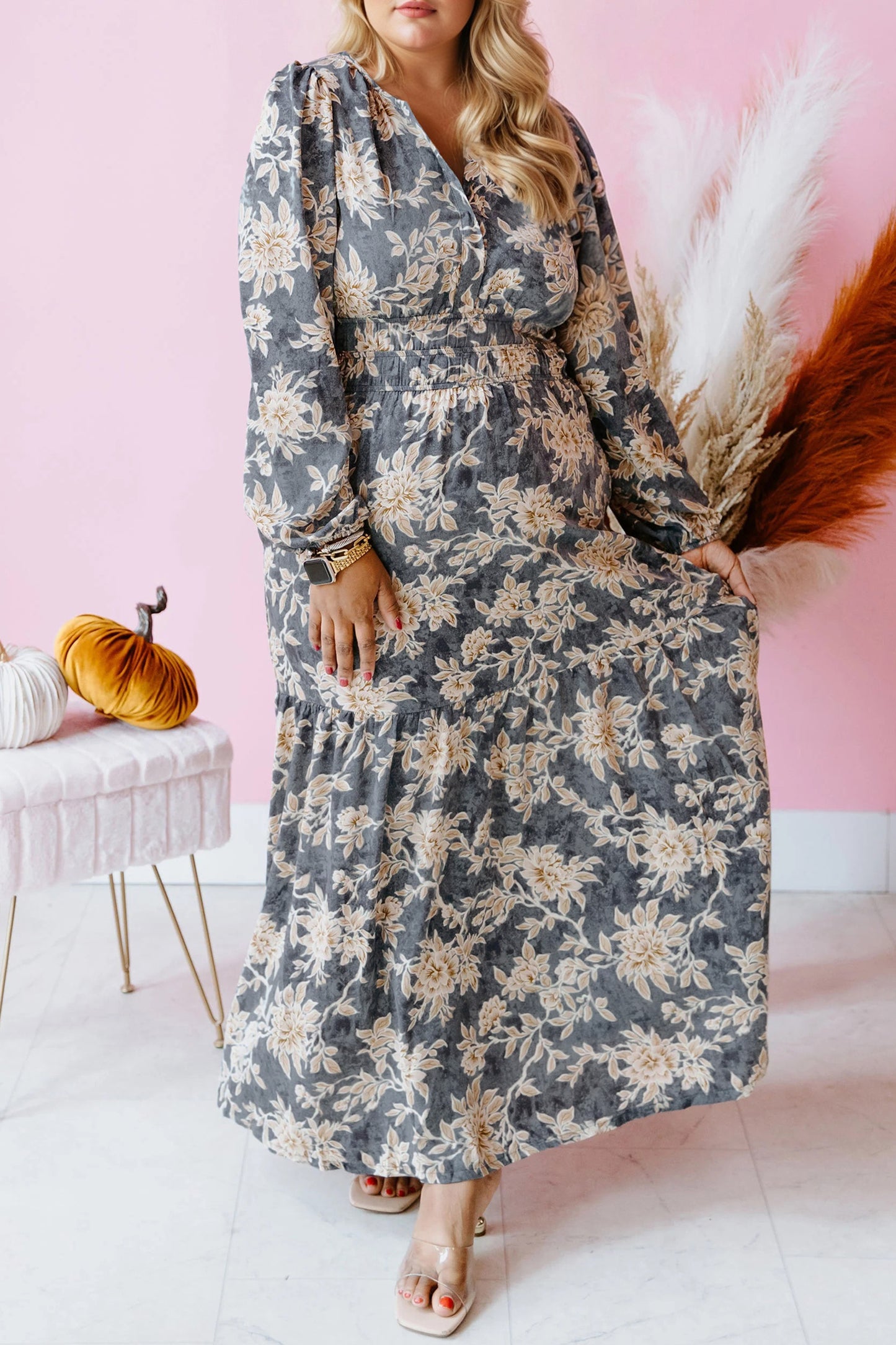 Plus Size Floral Split Neck Shirred High Waist Maxi Dress