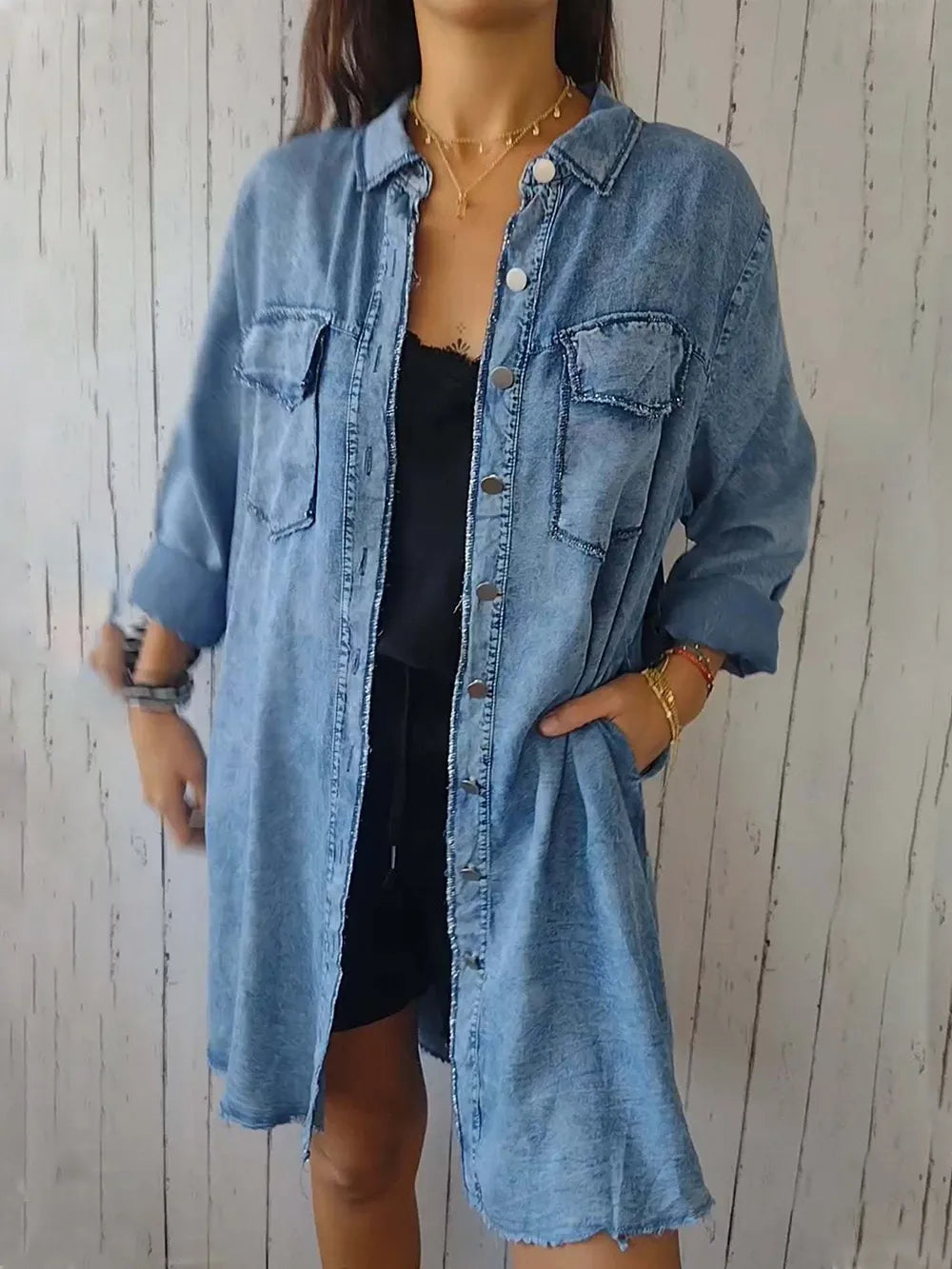 Plus Size Raw Hem Button Up Long Sleeve Denim Top