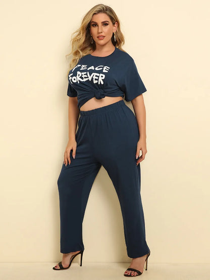 Plus Size Peace Forever Short Sleeve Top and Pants Set