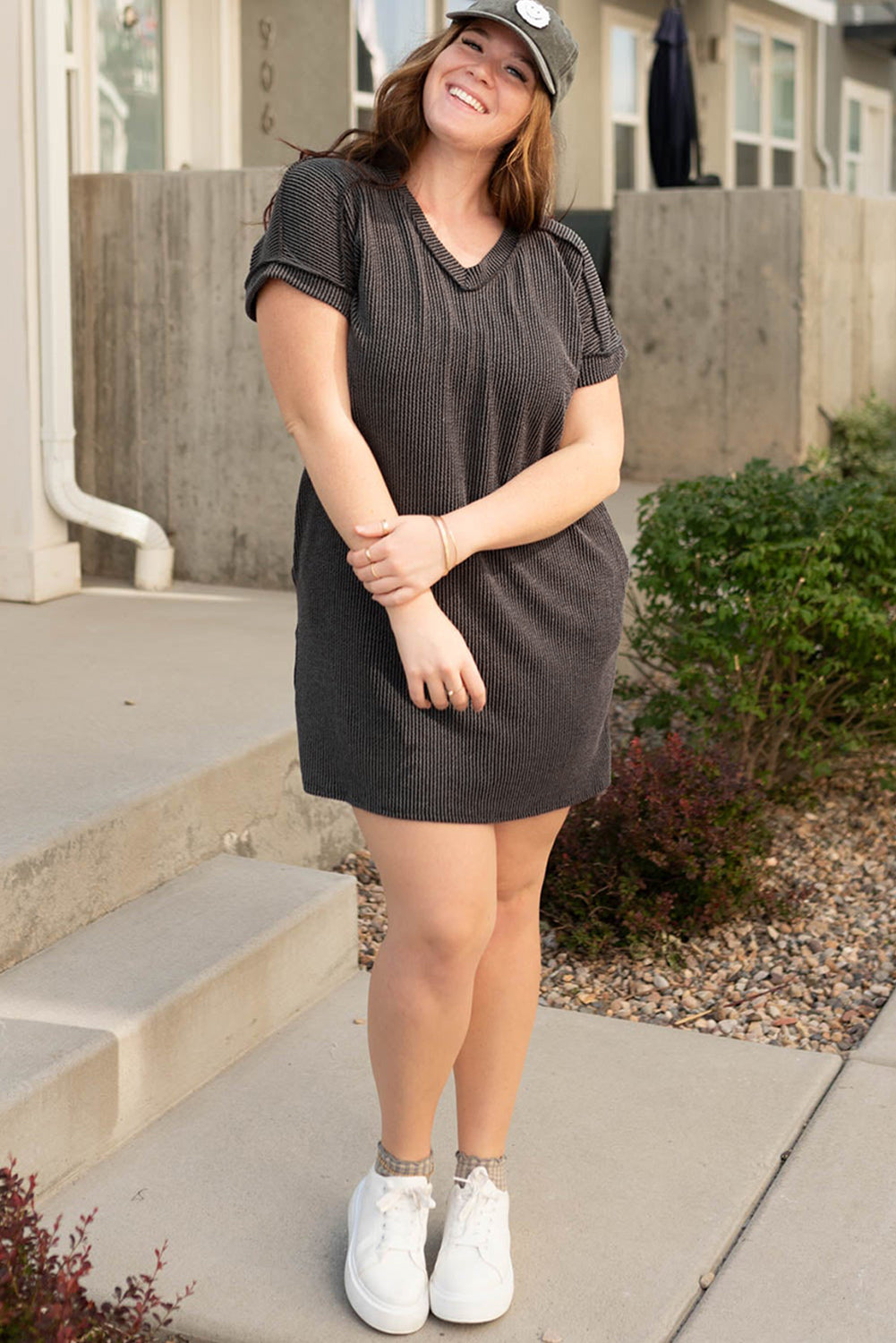 Plus Size Corded V Neck T Shirt Dress with Pockets - Plus Size XL-4XL - View 4