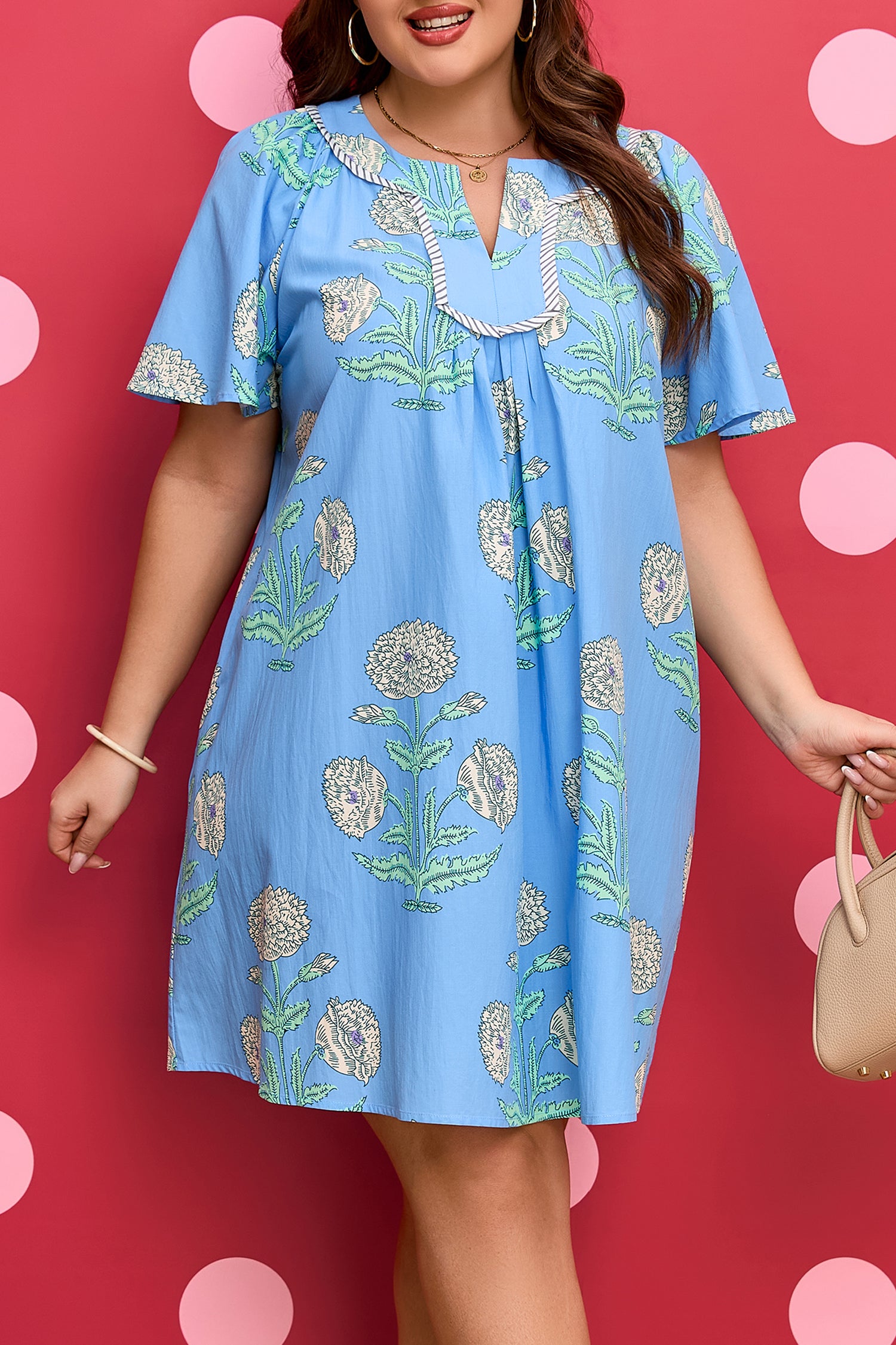 Plus Size Floral Split Neck Mini Dress Short Sleeve - Plus Size XL-4XL - View 8