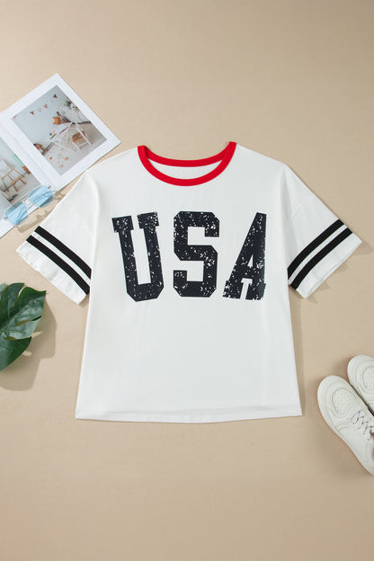 Plus Size Retro USA Striped Trim Short Sleeve Tee - Plus Size Clothing