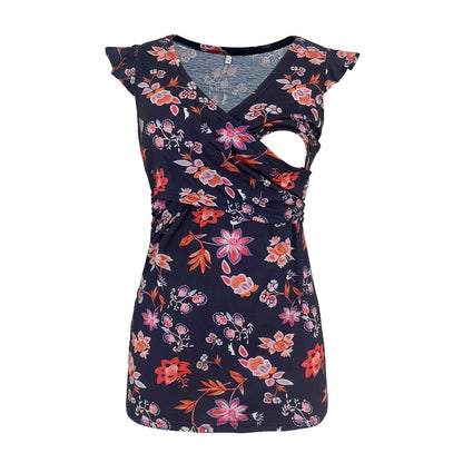 Plus Size Maternity Deep V-Neck Printed Breastfeeding Top