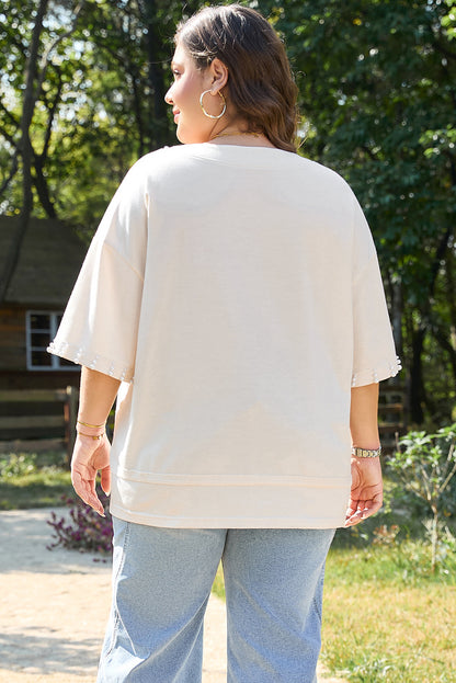 Plus Size Pearl Decor Crew Neck Half Sleeve T Shirt