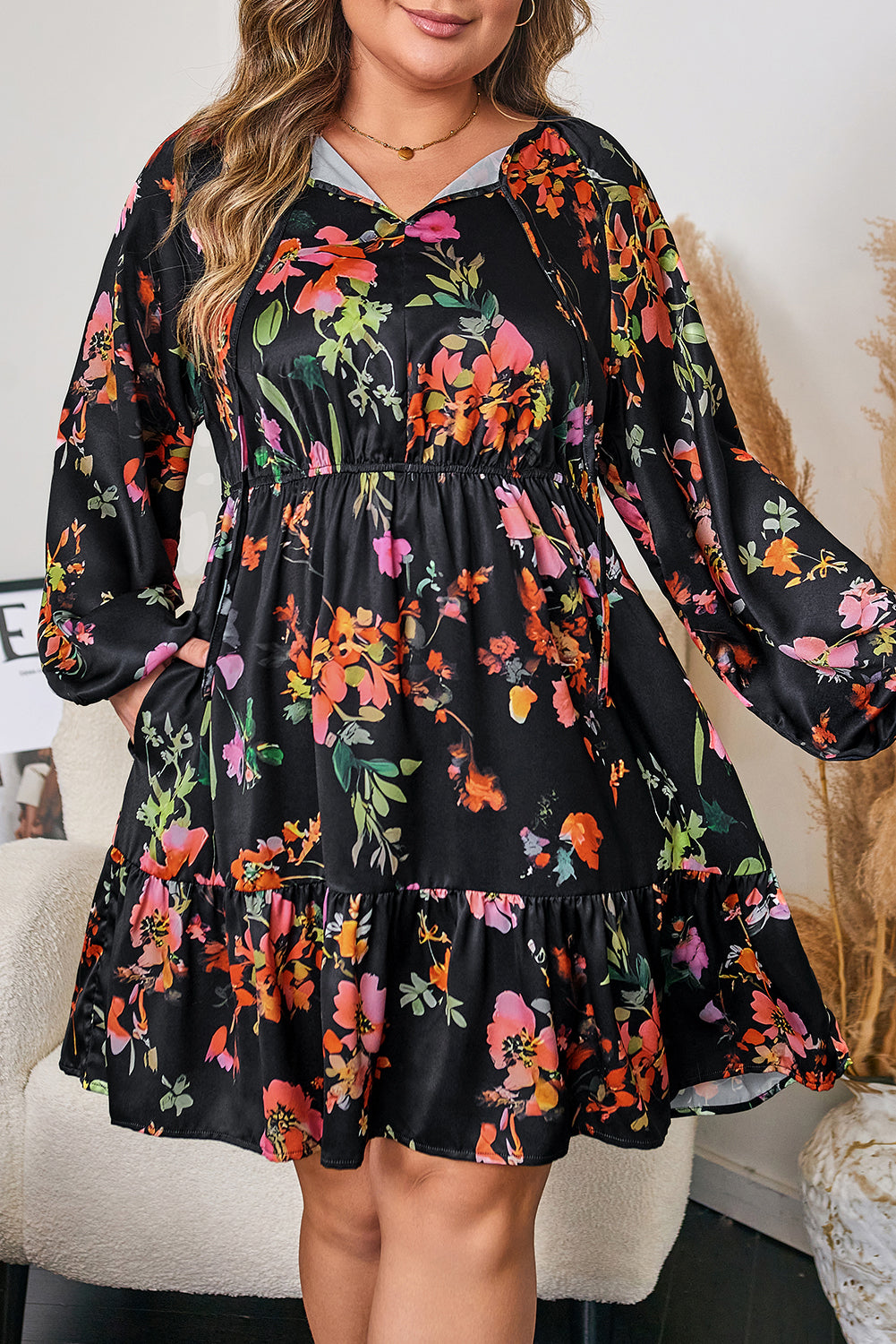 Plus Size Floral Tie Neck Cinched Waist Mini Dress - Plus Size XL-4XL - View 7