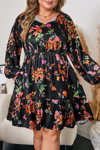 Plus Size Floral Tie Neck Mini Dress - Plus Size XL-4XL - View 7