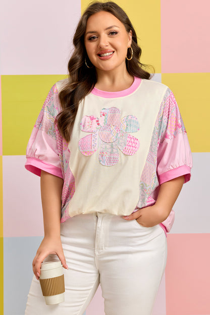 Plus Size Floral Patchwork Embroidery T Shirt - Plus Size Clothing