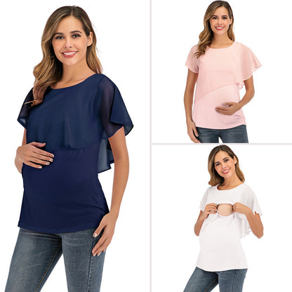 New women's top, T-shirt, maternity wear, summer European and American chiffon patchwork breastfeeding shirt, short sleeved - Plus Size Clothing