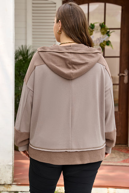 Plus Size Waffle Contrast Patchwork Pocketed Hoodie - Plus Size Clothing
