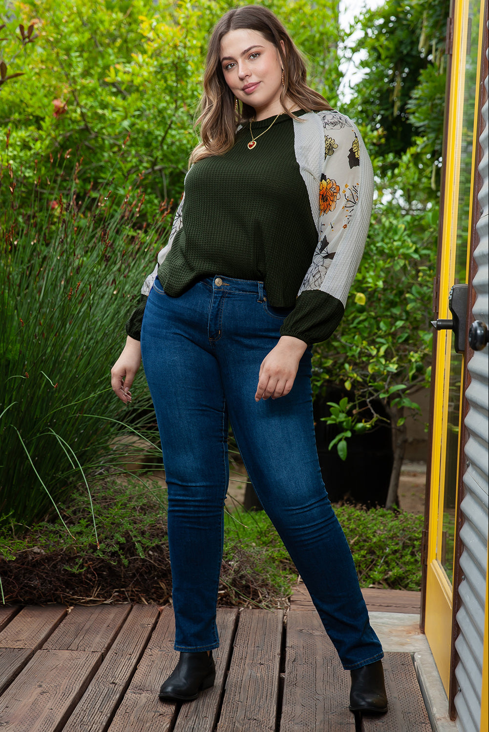 Plus Size Floral Raglan Colorblock Patchwork Knit Blouse