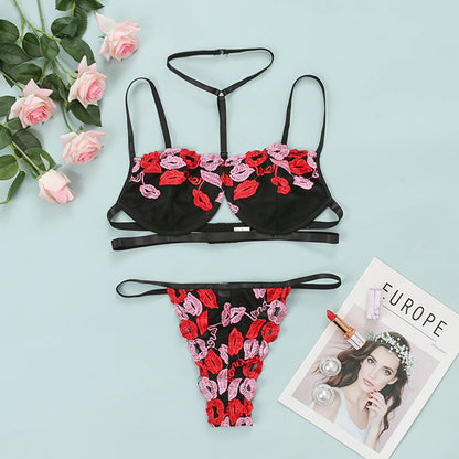 Plus Size Embroidered Halterneck Lingerie Set - Plus Size XL-4XL - View 2
