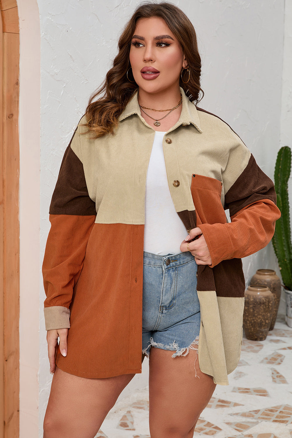 Plus Size Brown Corduroy Pocket Jacket - Plus Size XL-4XL - View 3