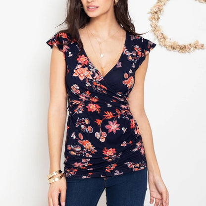 Plus Size Maternity Deep V-Neck Printed Breastfeeding Top